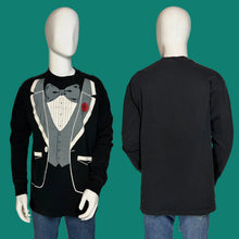 Load image into Gallery viewer, Black long sleeve tee with tuxedo design on a mannequin against a plain background