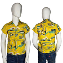 Load image into Gallery viewer, Yellow patterned shirt on a mannequin with front and back views against a white background