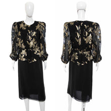 Load image into Gallery viewer, 1980's Patra Black Chiffon and Gold Lamé Floral Motif Dress Size M