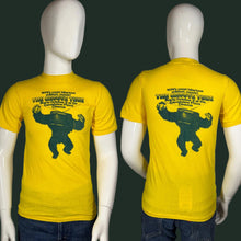 Load image into Gallery viewer, Yellow t-shirt with graphic design on a mannequin against a white background