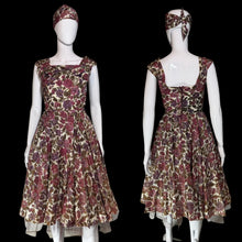 Load image into Gallery viewer, A sleeveless fit-and-flare dress with a matching headband, displayed on a white mannequin from the front and back. The dress features a floral pattern in burgundy, brown, and beige tones.