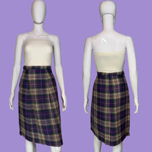Load image into Gallery viewer, A front and back view of a purple, green, and tan plaid skirt displayed on a white mannequin.
