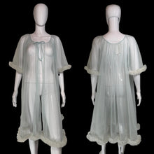 Load image into Gallery viewer, A sheer, light blue tulle mesh robe with swiss dots all over, a tie-neck detail and ruffled trim, displayed on a white mannequin from both front and back views.