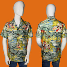 Load image into Gallery viewer, A short-sleeve button-up Hawaiian shirt with a colorful tropical beach scene print, shown on a white mannequin from both the front and back views against a teal background.