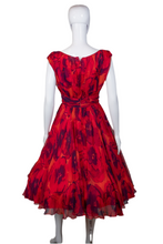 Load image into Gallery viewer, 1960's Red Floral Chiffon Party Dress Size S