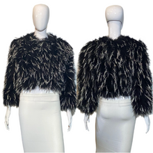 Load image into Gallery viewer, 1970's Black Marabou Feather and Silver Tinsel Cropped Disco Jacket - Size S/M
