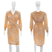 Load image into Gallery viewer, 1960's Tan and Orange Geometric and Paisley Print Dress Size L