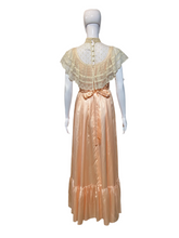 Load image into Gallery viewer, 1970's Peach Satin and Lace Gunne Sax Maxi Dress Size S