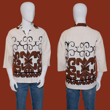 Load image into Gallery viewer, Off white shirt with brown geometric pattern on mannequin, front and back views.