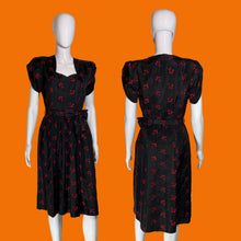 Load image into Gallery viewer, 1940s Cherry Embroidered Taffeta Dress with Belt – Size M