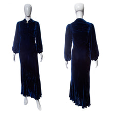 Load image into Gallery viewer, 1930&#39;s Deep Blue Long Sleeve Silk Velvet Gown Size S
