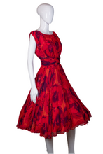 Load image into Gallery viewer, 1960's Red Floral Chiffon Party Dress Size S