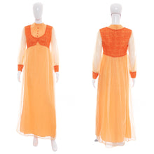 Load image into Gallery viewer, 1970's Tangerine Chiffon and Lace Gown Size M
