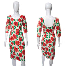 Load image into Gallery viewer, 1950's White and Red Rose Print Knee Length Wiggle Dress Size S