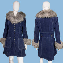 Load image into Gallery viewer, Blue coat with fur hood and cuffs on mannequins against a white background