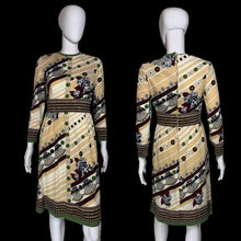 Load image into Gallery viewer, front and back views of a patterned vintage dress.