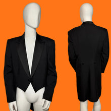 Load image into Gallery viewer, Black tailored tuxedo jacket photographed from the front and back on a white mannequin.