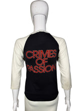 Load image into Gallery viewer, Black t-shirt with 'CRIMES OF PASSION' text on a mannequin against a gray background