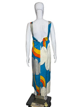 Load image into Gallery viewer, Colorful dress with cloud and rainbow design on a mannequin against a plain wall.