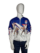 Load image into Gallery viewer, Olympic-themed jacket with 'USA' and sports graphics on a mannequin against a white background