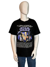 Load image into Gallery viewer, Mannequin wearing a black 'Star Wars' t-shirt with character images and text.