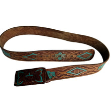 Load image into Gallery viewer, Brown leather belt with turquoise patterns on a white background
