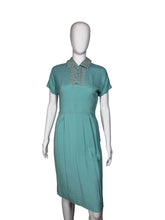 Load image into Gallery viewer, 1950's Striped Turquoise Linen Dress and Jacket Duo - Size S