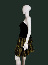 Load image into Gallery viewer, Black strapless dress with a gold tiered skirt on a mannequin against a plain background