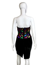 Load image into Gallery viewer, Black dress with colorful sequin top on a mannequin against a plain background