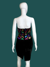 Load image into Gallery viewer, Black dress with colorful sequin top on a mannequin against a plain background