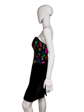Load image into Gallery viewer, Black dress with colorful sequin top on a mannequin against a plain background