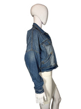 Load image into Gallery viewer, Blue denim jacket displayed on a mannequin against a neutral background