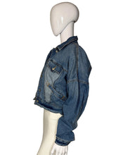 Load image into Gallery viewer, Blue denim jacket on a white mannequin against a plain background