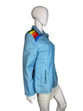 Load image into Gallery viewer, Blue jacket with rainbow stripes on a mannequin against a plain background