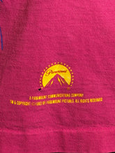 Load image into Gallery viewer, Close-up of a pink fabric with a yellow logo and text.