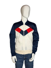 Load image into Gallery viewer, Mannequin wearing a jacket with a red and blue design on a gray background