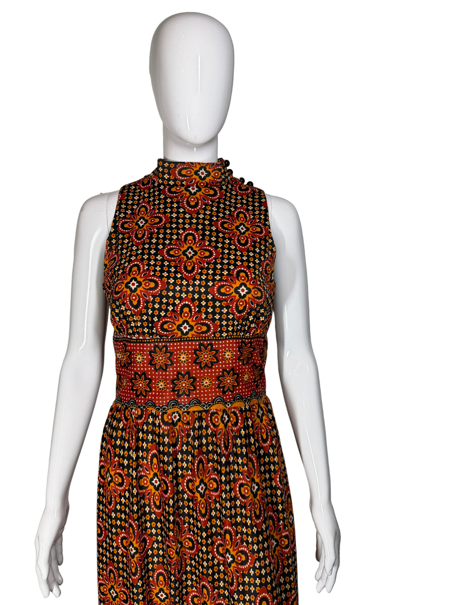 1970's colorful border print maxi dress, southwestern print with dramatic bishop sleeves
