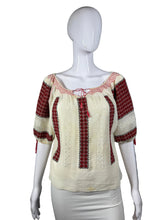 Load image into Gallery viewer, White peasant blouse with red accents on a mannequin against a white background