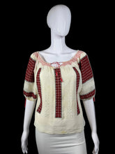 Load image into Gallery viewer, White peasant blouse with red accents on a mannequin against a white background