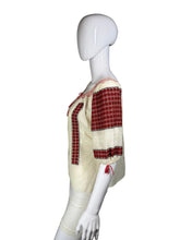 Load image into Gallery viewer, White peasant blouse with red accents on a mannequin against a white background