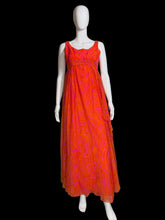 Load image into Gallery viewer, Pink and orange chiffon dress on a mannequin against a white background.