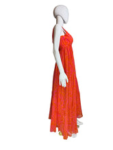 Load image into Gallery viewer, Pink and orange chiffon dress on a mannequin against a white background.