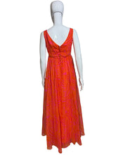 Load image into Gallery viewer, Pink and orange chiffon dress on a mannequin against a white background.