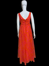 Load image into Gallery viewer, Pink and orange chiffon dress on a mannequin against a white background.