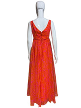 Load image into Gallery viewer, Pink and orange chiffon dress on a mannequin against a white background.