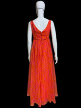 Load image into Gallery viewer, Pink and orange chiffon dress on a mannequin against a white background.