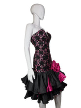 Load image into Gallery viewer, A mannequin wearing a black sequin and lace cocktail dress against a white background.