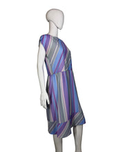 Load image into Gallery viewer, A purple and gray striped dress against a white background.