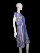 Load image into Gallery viewer, A purple and gray striped dress against a white background.