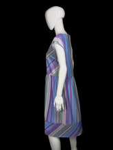 Load image into Gallery viewer, A purple and gray striped dress against a white background.